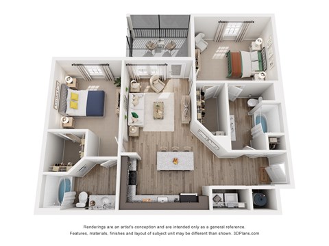 Floor plan for 2 beds, 2 baths, 1078 sqft